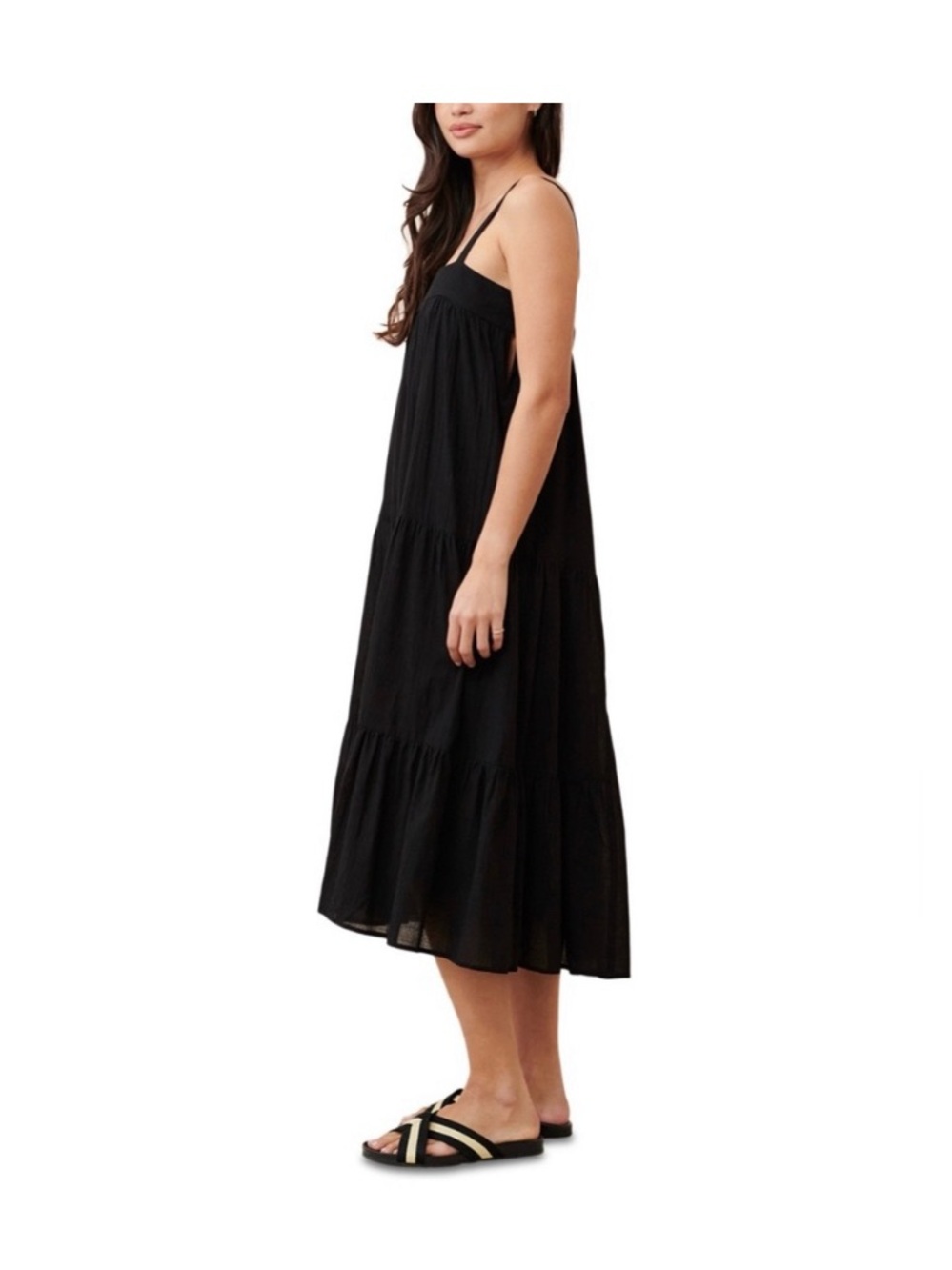 Jenni Kayne Summer Tiered Midi Dress Striped Black XS Cotton Rayon